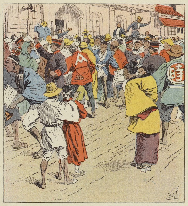 La multitud esperando noticias de la guerra frente al Figi-Humpo de after Louis Charles Bombled