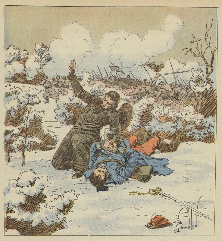 El abad Fouqueray, hermano de un zuavo pontificio, es asesinado sobre el cuerpo del capitán de Bellevue de after Louis Charles Bombled