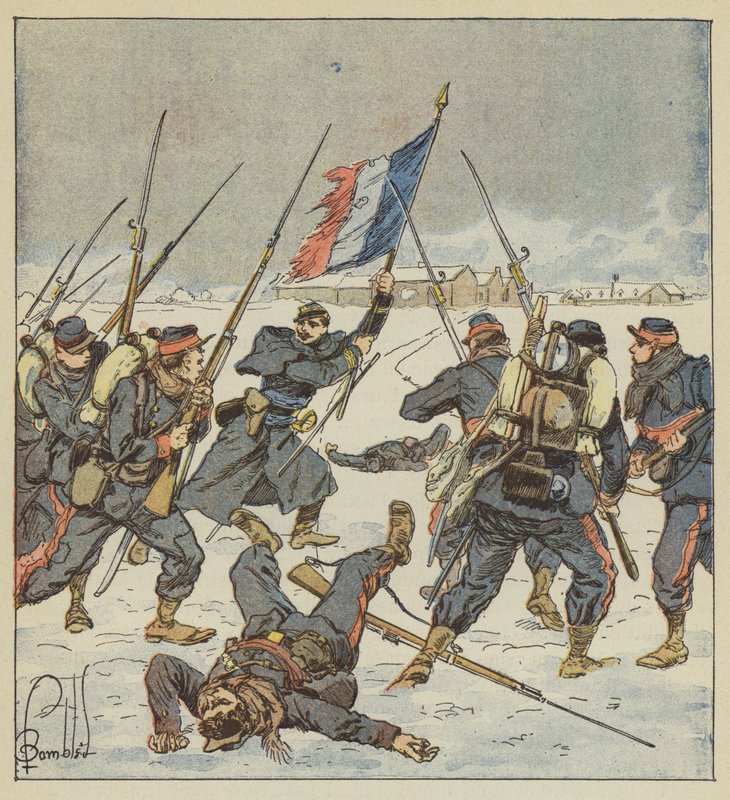 El capitán Couturie, de los móviles de Sarthe, se lanza, bandera en mano, al ataque de Mee de after Louis Charles Bombled