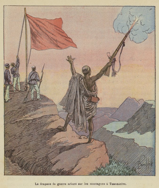 La bandera de guerra izada en las montañas de Tananarive de after Louis Charles Bombled