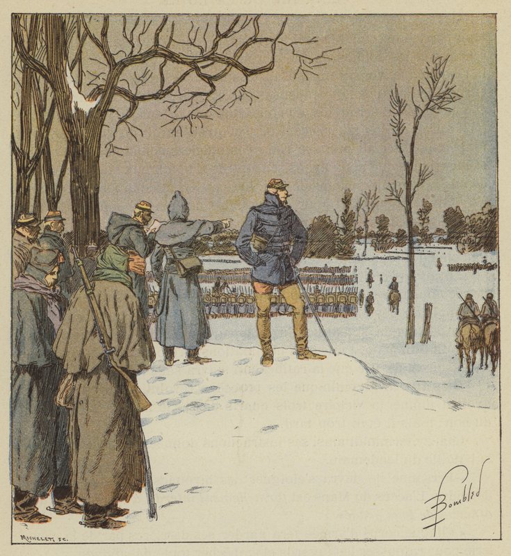 El general Chanzy recorre el frente de las posiciones, el 11 de enero, antes de la batalla de after Louis Charles Bombled