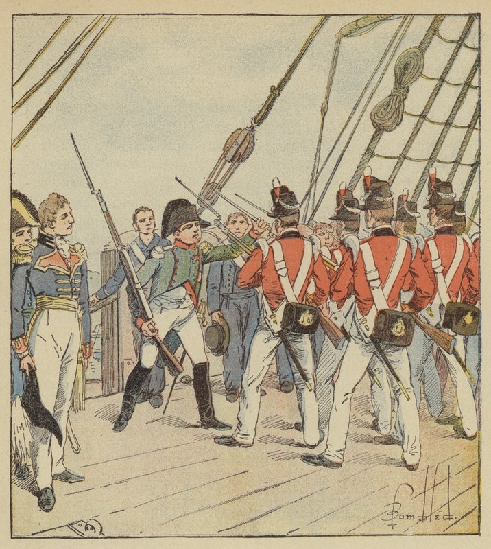 El Emperador ordena el ejercicio a los soldados del Bellerophon de after Louis Charles Bombled