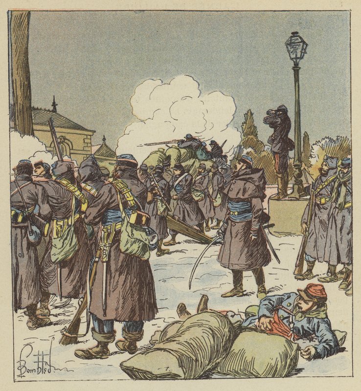 Los gendarmes a pie del general Bourdillon defienden el paso del Huisne de after Louis Charles Bombled