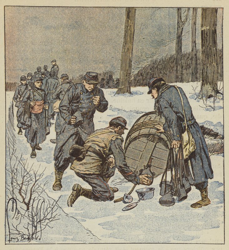 Los soldados de infantería de marina llenan sus cantimploras con un barril de ron de after Louis Charles Bombled