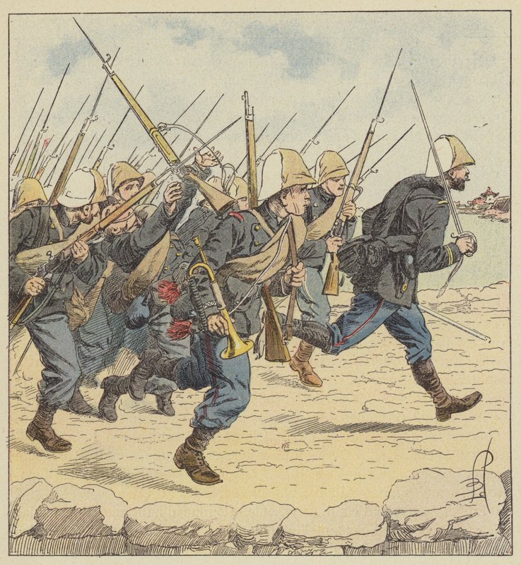 La infantería de marina en la calzada de Tien-Tsin de after Louis Charles Bombled