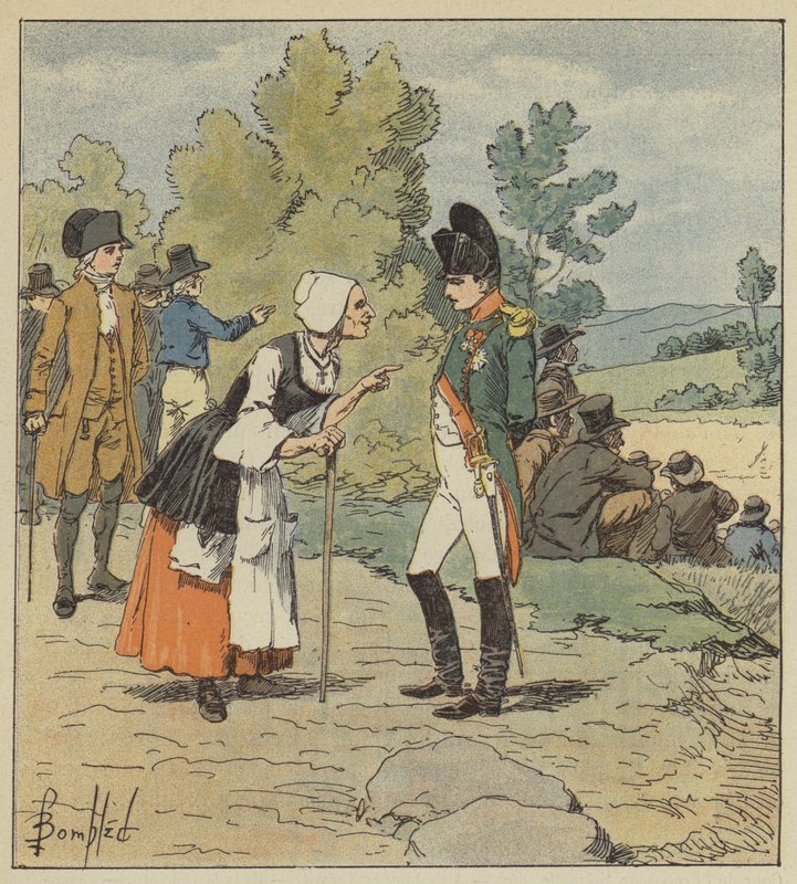Napoleón conversa con una anciana de Tarare de after Louis Charles Bombled