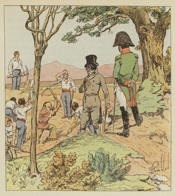 Napoleón examina las fortificaciones que el Gobernador hace elevar alrededor de Longwood de after Louis Charles Bombled