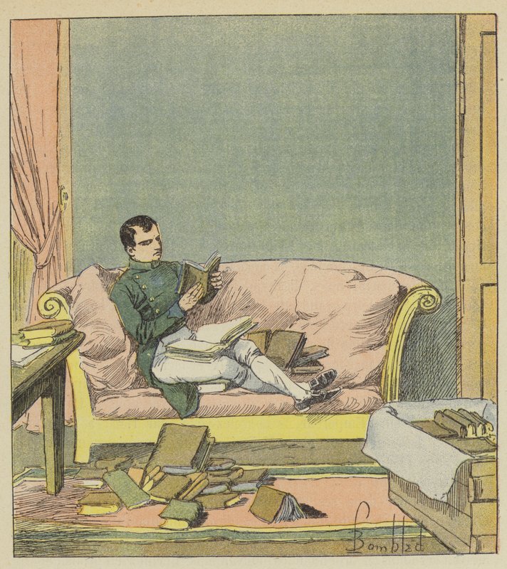 Napoleón revisa los libros que le acaban de enviar de after Louis Charles Bombled