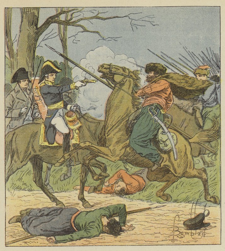 Napoleón sorprendido en Brienne por los cosacos de after Louis Charles Bombled