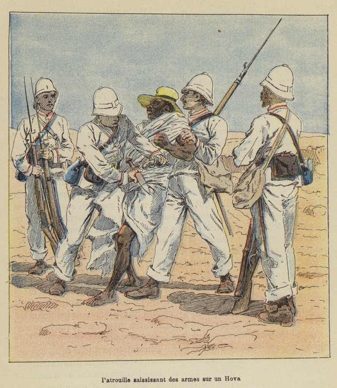 Patrulla confiscando armas a un Hova de after Louis Charles Bombled