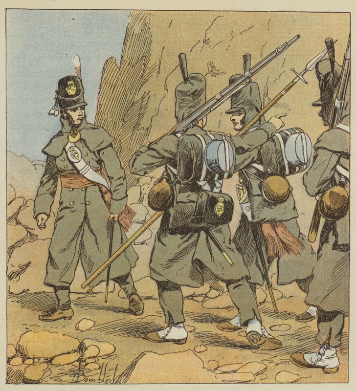 Soldados ingleses del 1er regimiento de la guardia a pie, en uniforme de campaña, España, 1814 de after Louis Charles Bombled