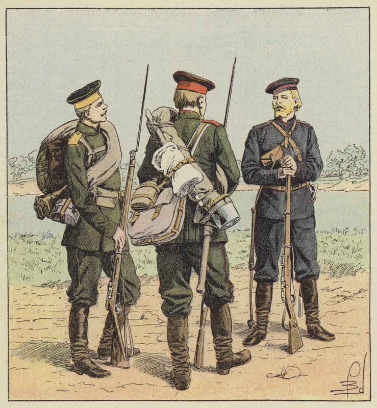 Soldados rusos en uniforme de campaña de after Louis Charles Bombled