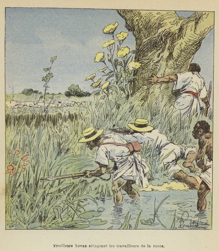 Tiradores hovas atacando a los trabajadores de la carretera de after Louis Charles Bombled