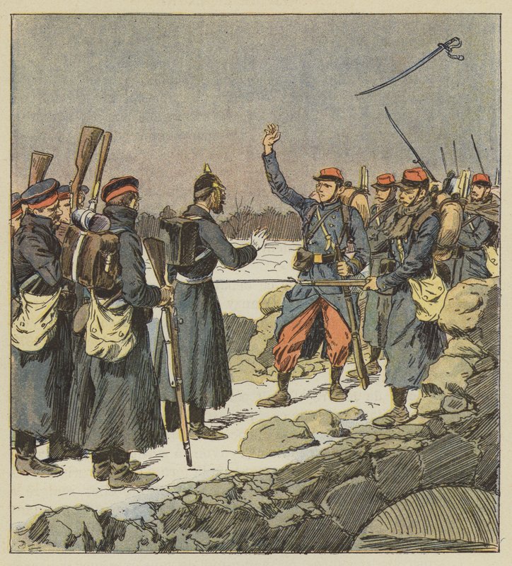 Un oficial alemán devuelve su espada a un cabo francés que la arroja al viento de after Louis Charles Bombled