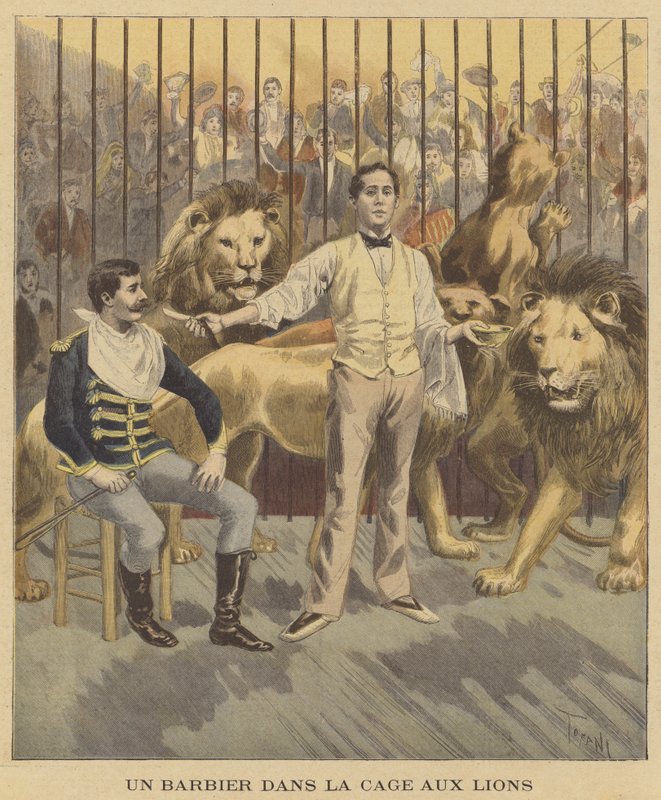 Un barbero en la jaula de los leones de after Oswaldo Tofani