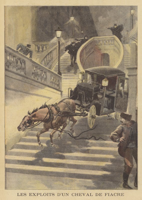 Un caballo tirando de un coche por una escalera en París de after Oswaldo Tofani