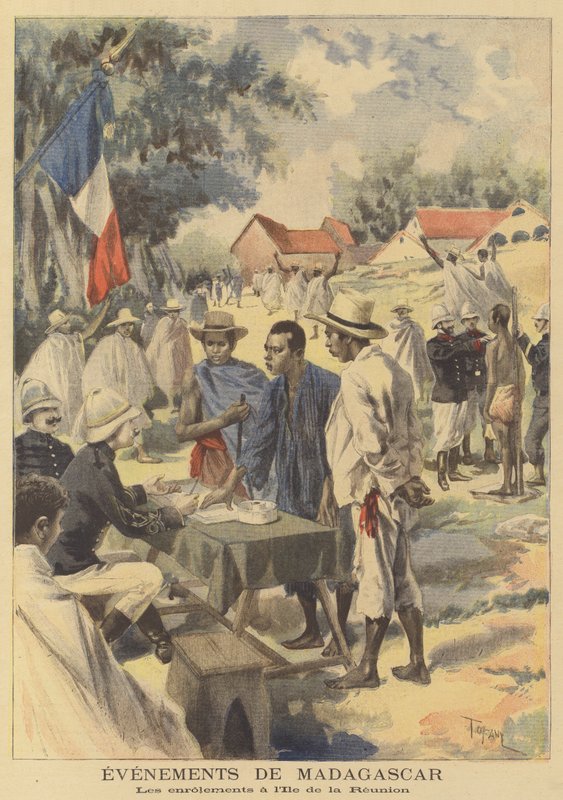 Conscritos en la isla de Reunión alistándose para servir en el ejército francés en Madagascar de after Oswaldo Tofani