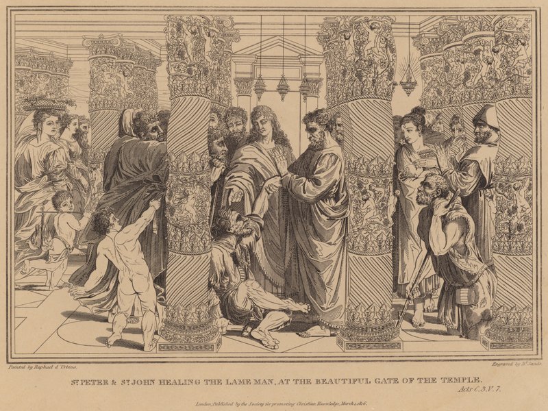 San Pedro y San Juan curando al hombre cojo en la Puerta Hermosa del Templo, Hechos de after Raphael