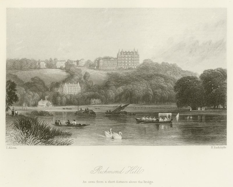 Colina de Richmond, vista desde una corta distancia sobre el puente de after Thomas Allom