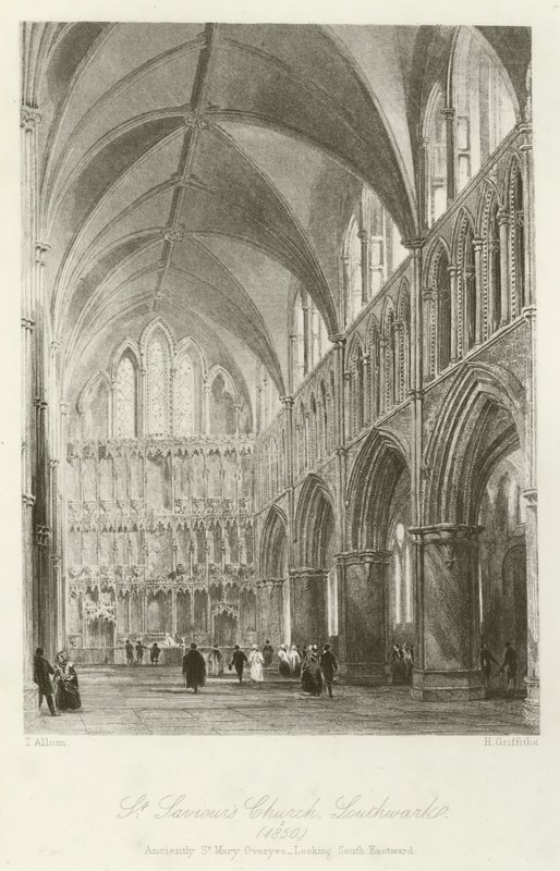 Iglesia de St Saviours, Southwark, 1850, antiguamente St Mary Overyes, mirando hacia el sureste de after Thomas Allom