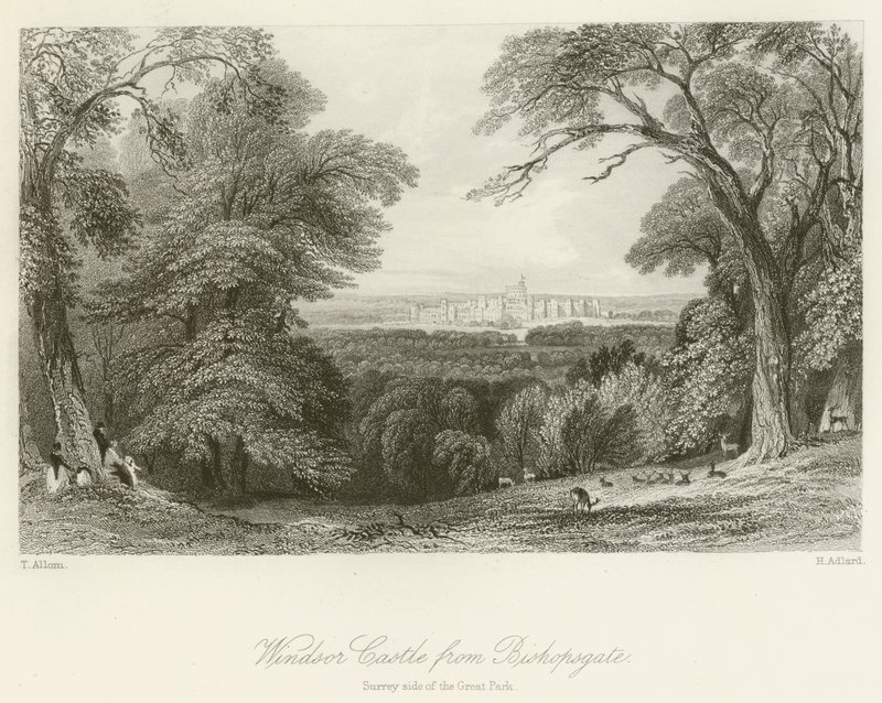 Castillo de Windsor desde Bishopsgate, lado de Surrey del Gran Parque de after Thomas Allom