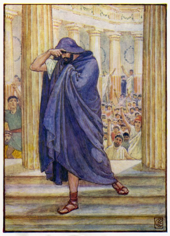 Dejó la asamblea, escondiendo su rostro en su capa de after Walter Crane