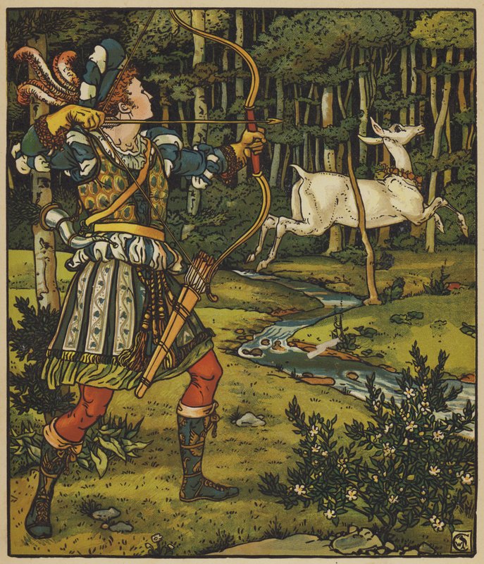El príncipe Guerrier persigue a la cierva en el bosque de after Walter Crane