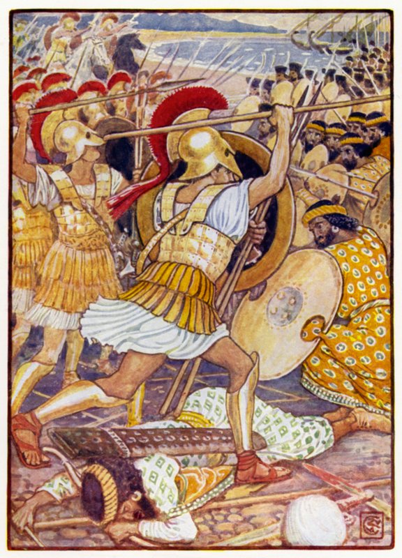 Chocaron contra el ejército persa con tremenda fuerza de after Walter Crane
