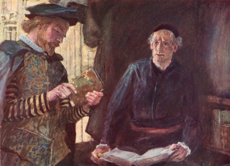 Shakespeare compra un libro en un puesto de libros en el patio de la iglesia de San Pablo, Londres de after William Hatherell