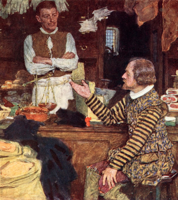 Shakespeare visita una tienda de comestibles en Bucklersbury para charlar con John Sadler, un aprendiz de Stratford de after William Hatherell