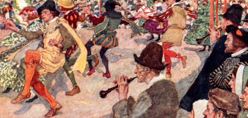 Shakespeare observa una danza Morris en el Maypole en Cornhill, Londres de after William Hatherell