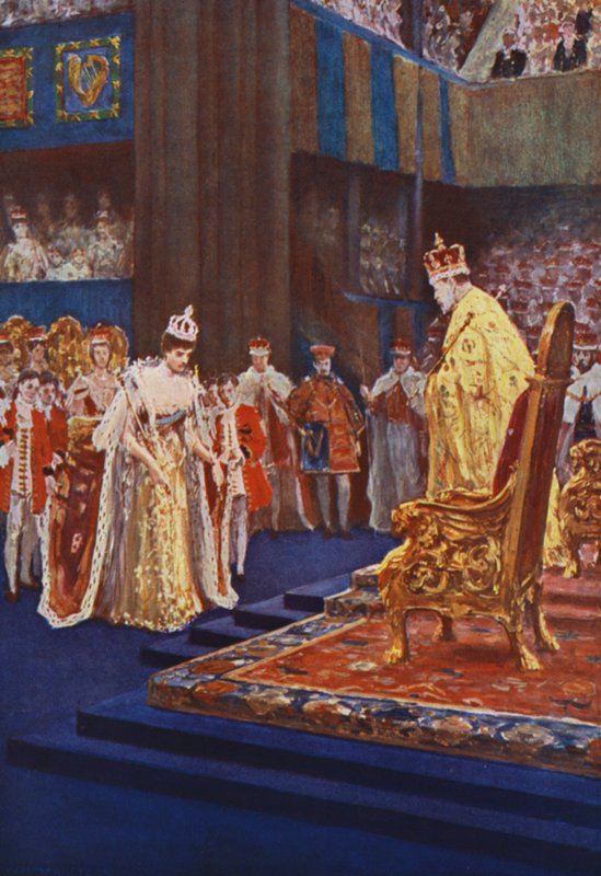 La reina Alexandra inclinándose ante el rey Eduardo VII en el camino a su trono de after William Henry Margetson