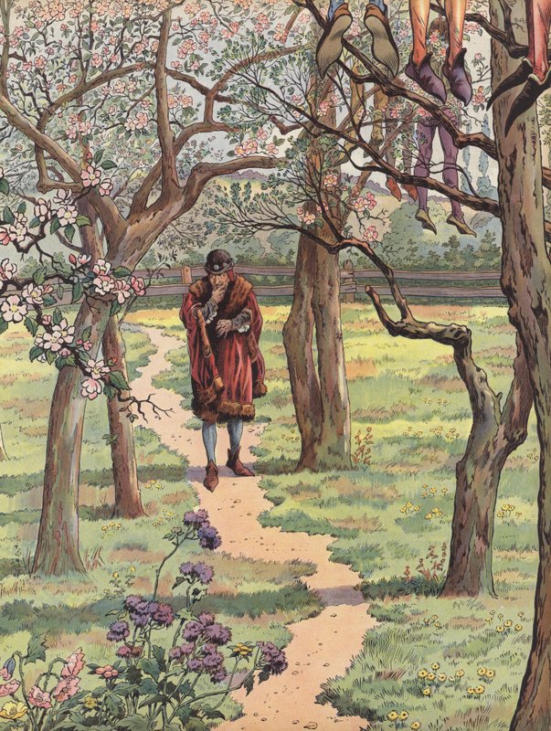 Luis XI de Francia caminando por un huerto en primavera con los cuerpos de hombres ahorcados suspendidos de los árboles de Onfray de Breville Job