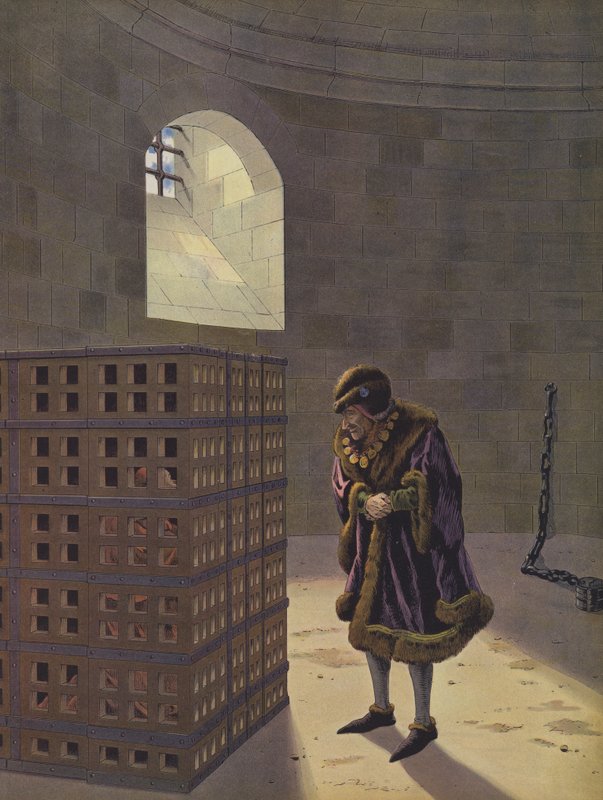 Luis XI observando al cardenal Balue, encarcelado en una jaula de hierro en las mazmorras del Château d