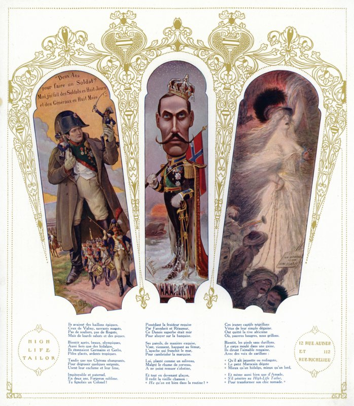 Entrenamiento militar francés, caricatura del Rey Haakon VII de Noruega y inmigrantes marroquíes en Francia de pseudonym for Onfray de Breville Jacques Job