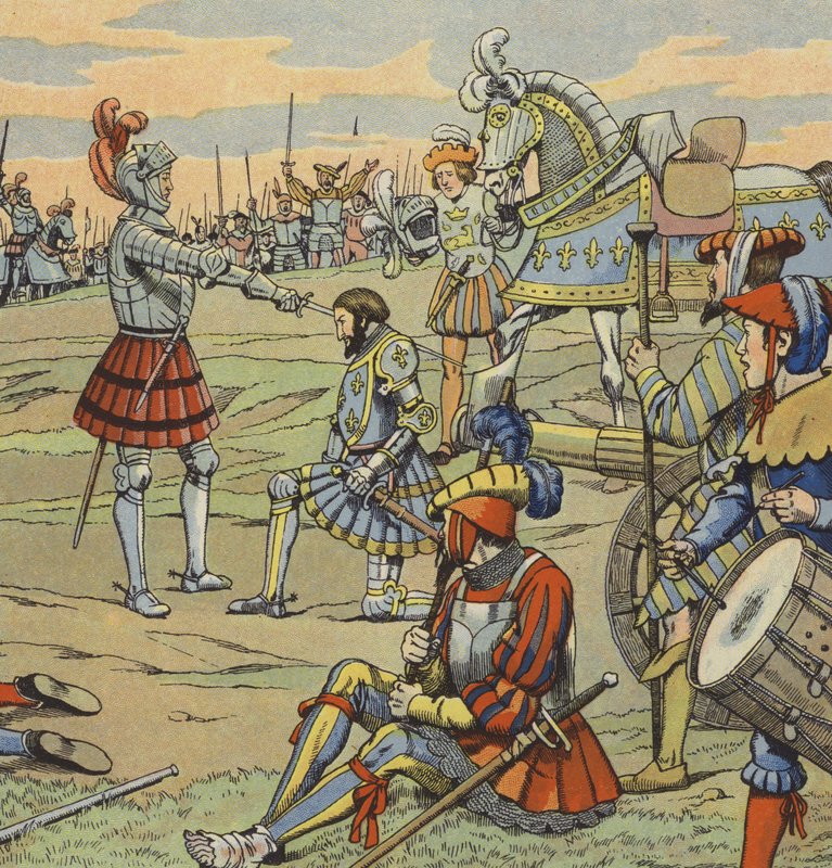 El rey Francisco I de Francia recibiendo su título de caballero del Chevalier de Bayard después de la Batalla de Marignano de pseudonym for Onfray de Breville Jacques Job