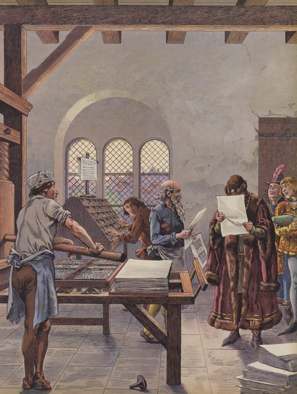 El rey Luis XI leyendo un documento impreso en una prensa de pseudonym for Onfray de Breville Jacques Job
