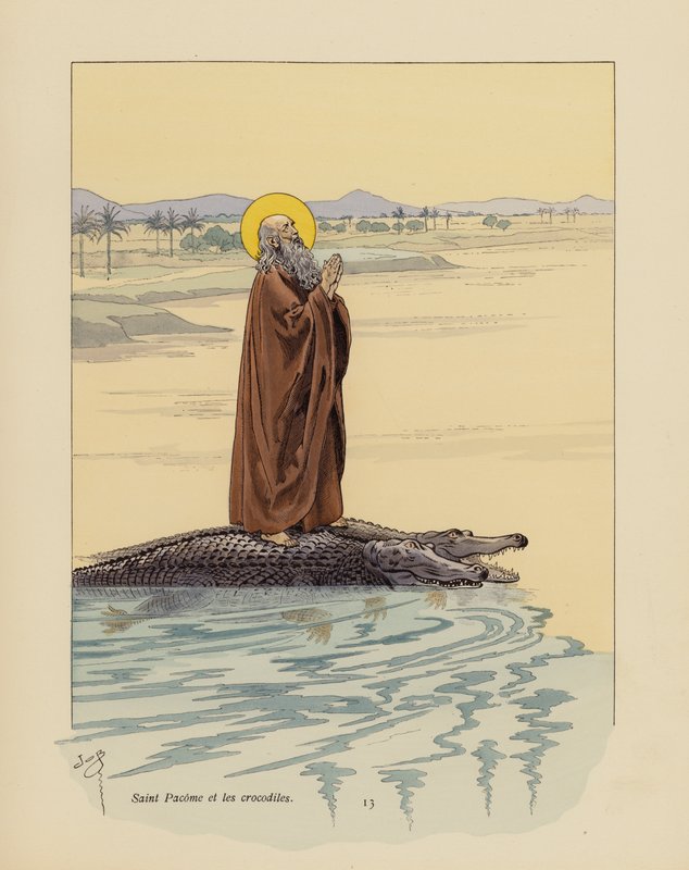 San Pacomio y los cocodrilos (litografía en color) de pseudonym for Onfray de Breville Jacques Job