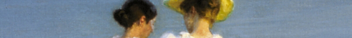 Tarde de verano en la playa de Skagen. Anna Ancher y Marie Krøyer pasean juntas. (Peder Severin Krøyer), Detail: Gelber Strohhut und Köpfe