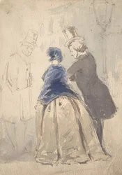 Escena de calle de Vanity Fair, con Amelia, George Osborne y Dobbin