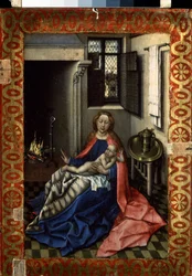 ""La Virgen y el Niño junto a una chimenea"" (La Virgen y el Niño junto a una chimenea) Panel derecho de un díptico. Pintura sobre madera de Robert Campin, conocido como el Maestro de Flemalle (1375-1444) hacia 1430 Dim. 34,3x24,5 cm Museo del Hermitage, S