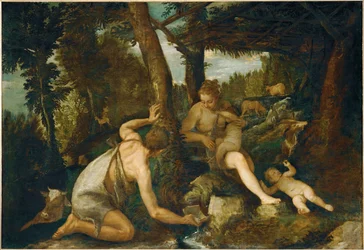 Adán y Eva tras la expulsión del paraíso (pintura sobre lienzo)