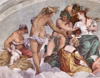 Alegorías del verano y del otoño (Baco y Ceres), muro norte, luneta sobre la puerta del jardín, sala del Olimpo