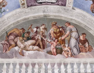 Alegorías del invierno y la primavera (Vulcano y Venus), muro sur, luneta sobre la puerta de la sala Crociera, sala del Olimpo