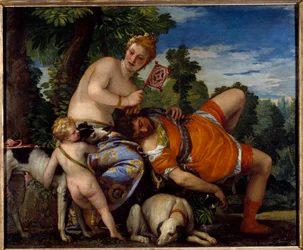 Afrodita y Adonis. Adonis, figura de la mitología griega, ama a Afrodita. Pintura de Paolo Veronese (1528-1588)