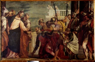 Jesucristo y el centurión. El centurión de Cafarnaúm rogó a Jesús que curara a su siervo paralizado. Pintura de Paolo Veronese (1528-1588), siglo XVI. Al. 1,92 x 2,97 m, Madrid, Museo del Prado