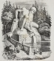 Coloso de los Apeninos (por Giambologna) en el parque de Villa Demidoff (Villa Medicea di Pratolino), Vaglia, Toscana, Italia, litografía de Giovanni Mariani de Poliorama Pittoresco, n.º 10, 15 de octubre