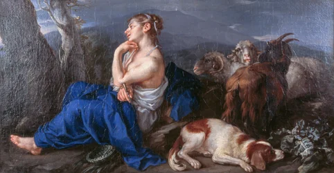 Erminia escribiendo el nombre de su amado en el tronco de un árbol, de Francesco Fernandi conocido como el Imperiali (1679-1740), óleo sobre lienzo, 42x80 cm