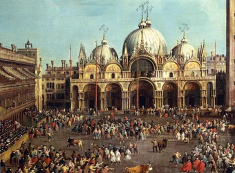 Corrida de toros o Caza de toros en la Piazza San Marco, por Giovanni Antonio Canal, conocido como Canaletto (1697-1768) y Giovanni Battista Cimaroli (1687-después de 1753)