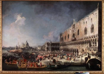 ""Entrada del Conde Gergy, Embajador de Francia, en el Palacio Ducal de Venecia"" (Llegada del Embajador de Francia en Venecia) Pintura de Giovanni Antonio Canal, Said Canaletto (1697-1768)